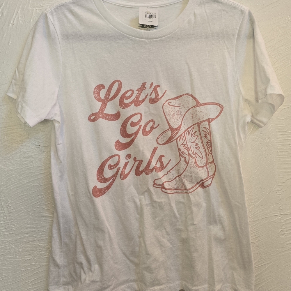 Let's Go Girls White and Pink Womens T-Shirt. Size Small